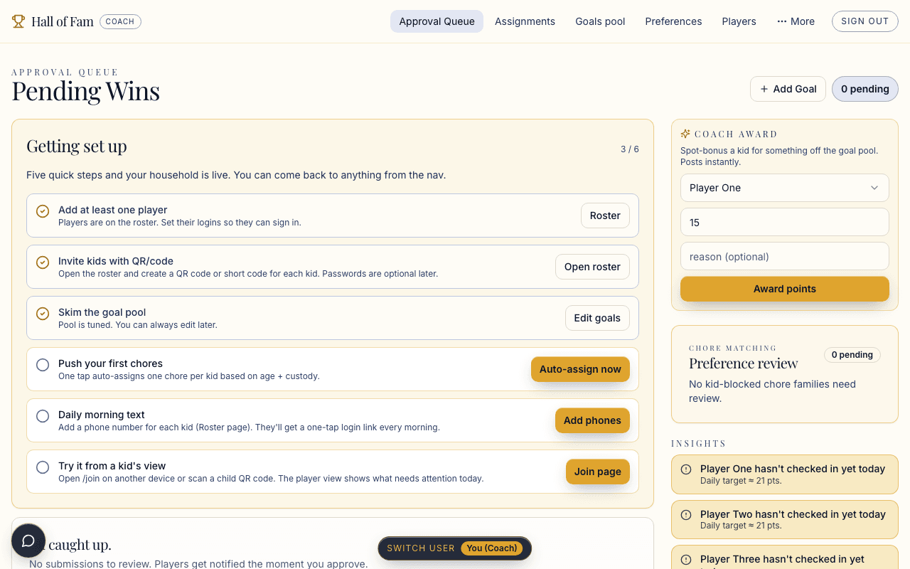 Hall of Fam coach dashboard showing pending wins, household setup tasks, award controls, and insights.