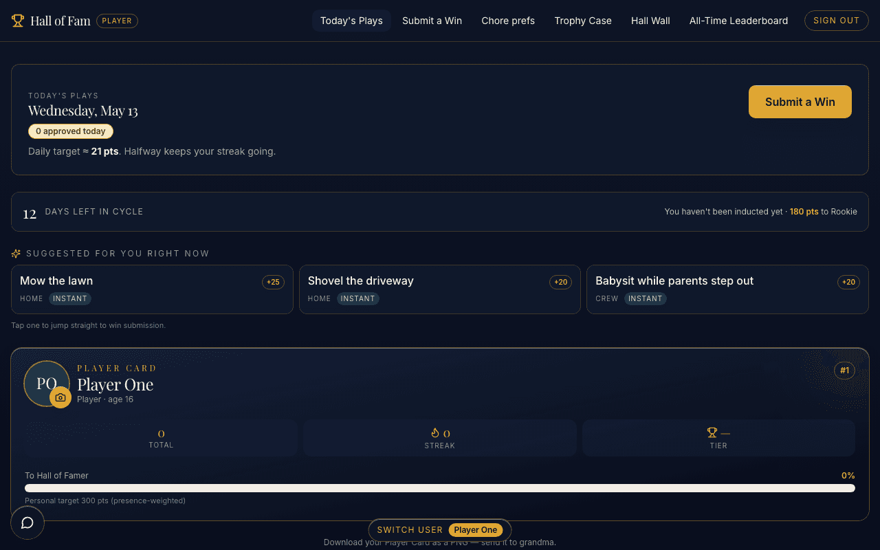 Hall of Fam player dashboard showing today's plays, suggested goals, player card, and progress to the next tier.
